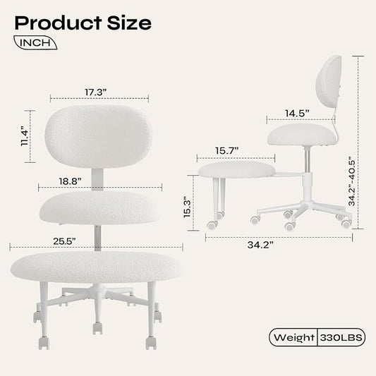Pinmoco Ergonomic Cross Legged Office Chair with Wheels, ADHD Chair for Adults, Meditation Chair, Yoga Office Chair, Comfortable Back Support, Height Adjustable,Small Spaces, Teddy Fabric, White