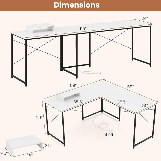 Tangkula L-Shaped Computer Desk with Power Outlets, 95” Long 2-Person Desk with Monitor Shelf, Modern Corner Desk Gaming Table with USB Ports for Home Office