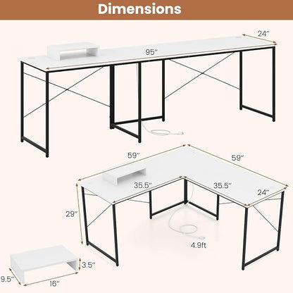 Tangkula L-Shaped Computer Desk with Power Outlets, 95” Long 2-Person Desk with Monitor Shelf, Modern Corner Desk Gaming Table with USB Ports for Home Office