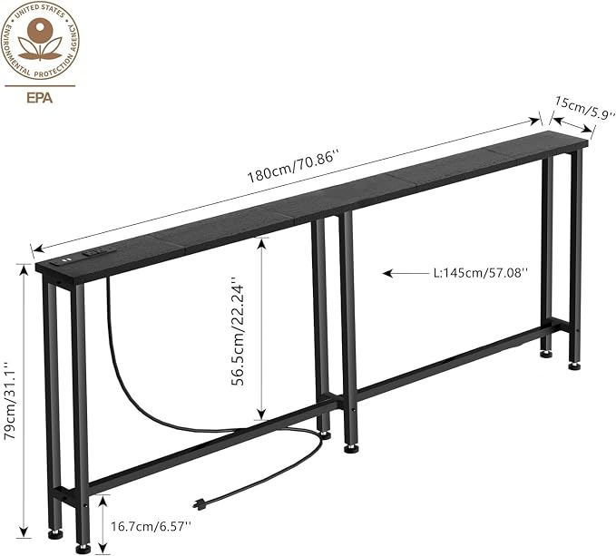 Keelian 70" Narrow Console Sofa Table with Power Outlets & 2 USB Ports, Metal Frame, Black, Perfect for Hallway, Office, and Behind Sofa - Easy Assembly, 4.9' Extension Cord Included