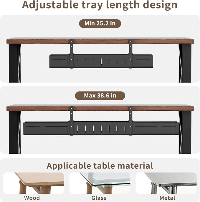 Under Desk Cable Management Tray, Expandable 25.2"–38.6", No Drill Clamp Mount, Cord Management Heavy Duty Carbon Steel Standing Cord Organizer for Home, Office, Gaming, Desk, Black