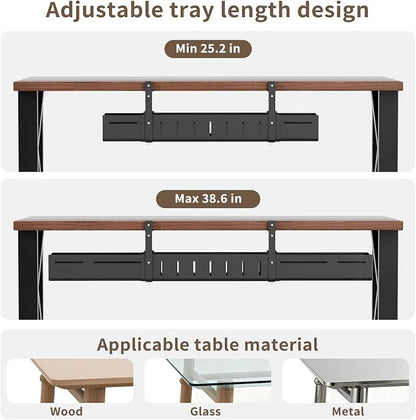 Under Desk Cable Management Tray, Expandable 25.2"–38.6", No Drill Clamp Mount, Cord Management Heavy Duty Carbon Steel Standing Cord Organizer for Home, Office, Gaming, Desk, Black