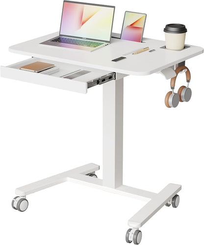Monomi Mobile Standing Desk with Drawer, 28" Rolling Desk with Cup Holder and Hooks, Portable Laptop Cart on Wheels, Height Adjustable Workstation with Storage for Home Office, White Furniture