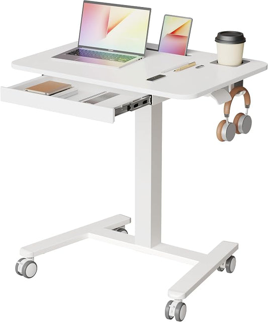 Monomi Mobile Standing Desk with Drawer, 28" Rolling Desk with Cup Holder and Hooks, Portable Laptop Cart on Wheels, Height Adjustable Workstation with Storage for Home Office, White Furniture