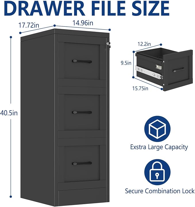 Ckzbx 3 Drawer File Cabinet with Lock, Narrow Vertical Filing Cabinet, Under Desk File Cabinets,Black Metal File Cabinets for Home Office,Fit Letter/A4/Legal Size File