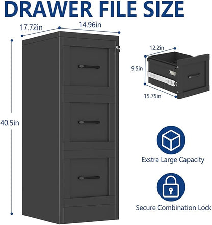 Ckzbx 3 Drawer File Cabinet with Lock, Narrow Vertical Filing Cabinet, Under Desk File Cabinets,Black Metal File Cabinets for Home Office,Fit Letter/A4/Legal Size File
