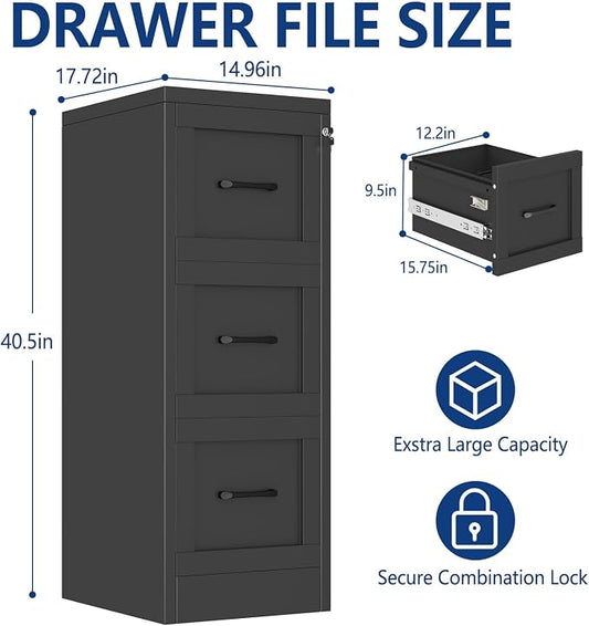 Ckzbx 3 Drawer File Cabinet with Lock, Narrow Vertical Filing Cabinet, Under Desk File Cabinets,Black Metal File Cabinets for Home Office,Fit Letter/A4/Legal Size File
