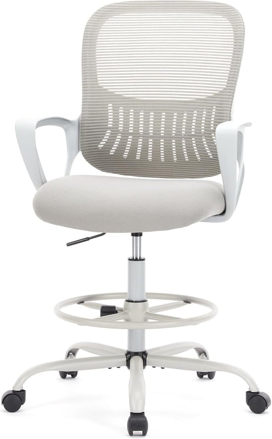 DUMOS Drafting Chair - Ergonomic Tall Office for Standing Desk, Counter with Height Adjustable and Comfortable Lumbar Support, Fixed Armrests, Grey