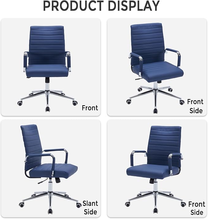 Sidanli Ergonomic Desk Chairs, Executive Swivel Faux Leather Mid Back Chair with Comfortable Lumbar Support and Smooth Rolling Wheels for Office, Navy Blue