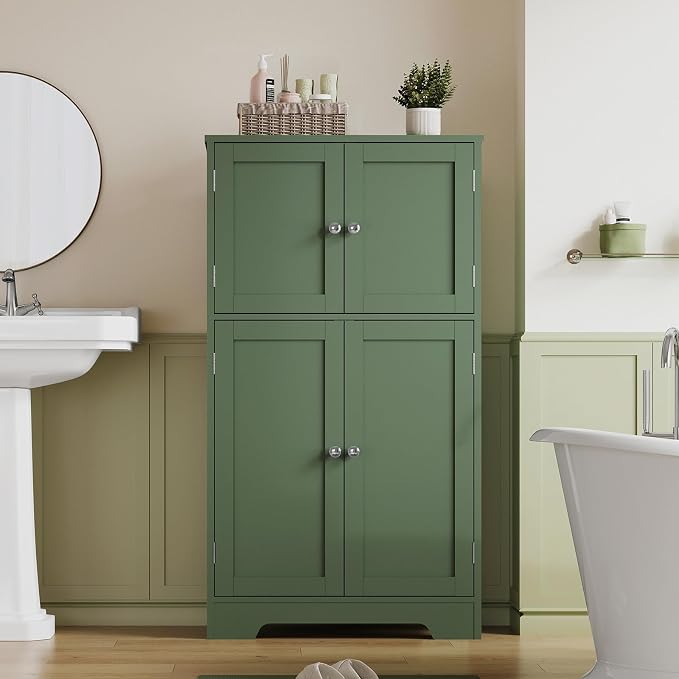 TEENFON Bathroom Storage Cabinet, Bathroom Cabinet with 4 Doors & 2 Adjustable Shelves, Cupboard, Cabinets for Living Room, Entryway, Office, Forest Green