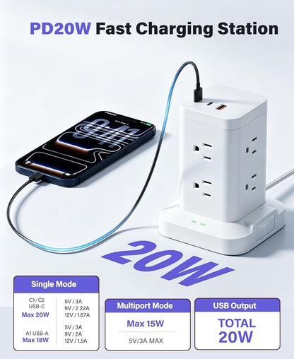 Power Strip Tower with Surge Protector 1800J, Fast Charging Tower PD20W USB-C Ports with 8 AC Outlets, 10ft Extension Cord for Home Office Dorm Room, White