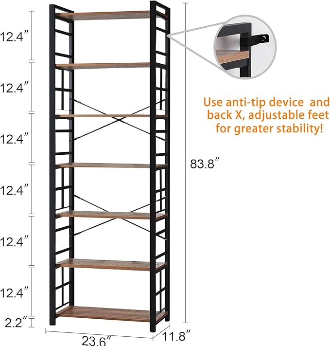 HOMBAZAAR 7 Tier Bookshelf,84 inch Tall Industrial Bookcase with Metal Frame and Open Shelves,Rustic Heavy Duty 7 Shelf Bookcase, Office Book Shelves for Living Room and Bedroom,Brown