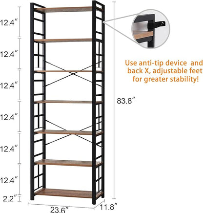 HOMBAZAAR 7 Tier Bookshelf,84 inch Tall Industrial Bookcase with Metal Frame and Open Shelves,Rustic Heavy Duty 7 Shelf Bookcase, Office Book Shelves for Living Room and Bedroom,Brown