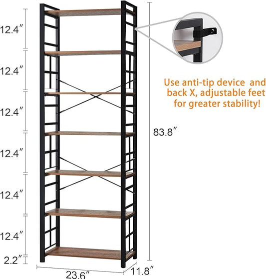 HOMBAZAAR 7 Tier Bookshelf,84 inch Tall Industrial Bookcase with Metal Frame and Open Shelves,Rustic Heavy Duty 7 Shelf Bookcase, Office Book Shelves for Living Room and Bedroom,Brown
