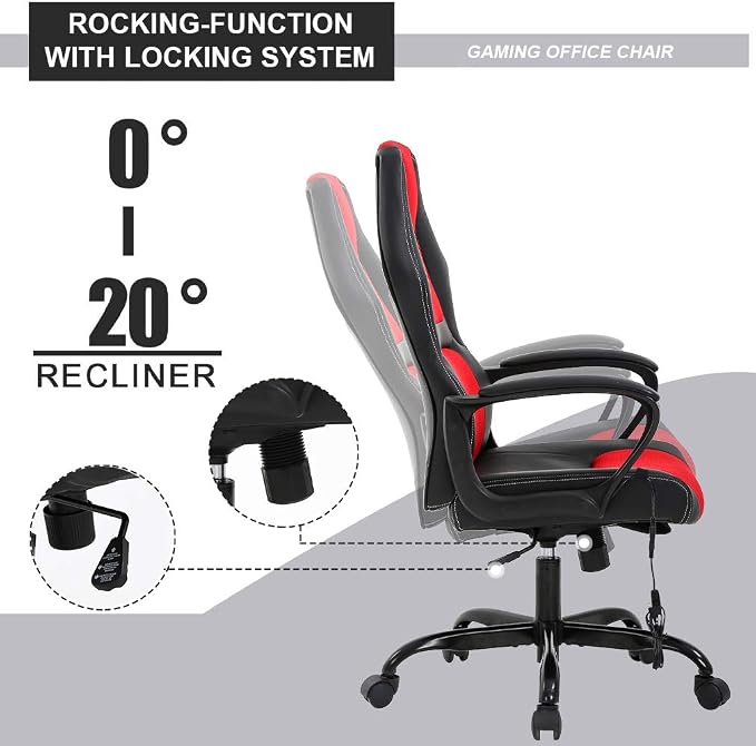 Gaming Chair Ergonomic Office Chair Racing Desk Chair Massage PU Leather Adjustable Chair with Lumbar Support Headrest Armrest Task Rolling Swivel Computer Chair for Adults(Red)