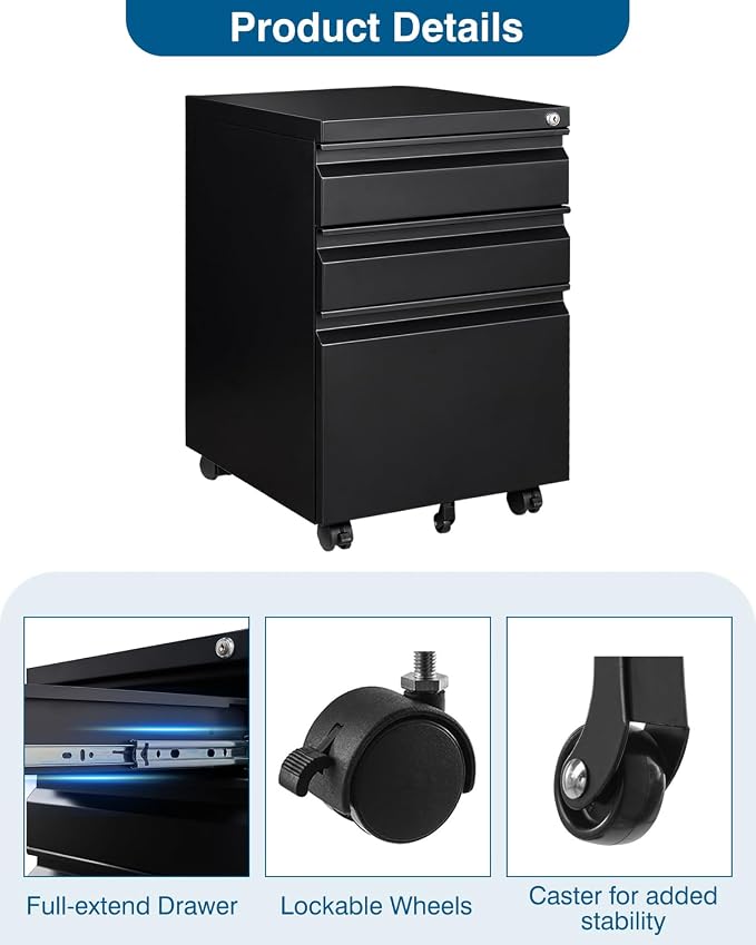 PEUKC 3 Drawer File Cabinet with Lock, Metal Under Desk Rolling Filing Cabinet fits Letter/Legal/A4 Size for Home Office, Mobile Filing Cupboard, Black