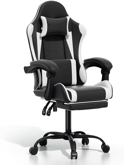 Gaming Chair with Footrest, Ergonomic Computer Gaming Desk Chair with Lumbar Support & Headrest, Adjustable High Back PU Leather Office Chair, Swivel Racing Style Gamer Chair, Black/White