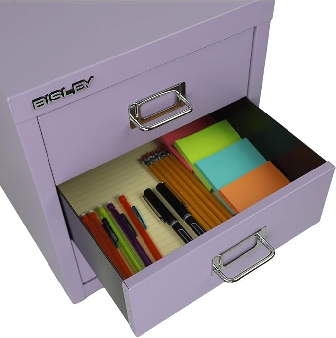 Bisley 3-Drawer Steel MultiDrawer Cabinet - Lilac | Chrome Pull Handles with Label Holders, Powder-Coated Steel, Removable Drawers, Desktop Storage, Labels Included
