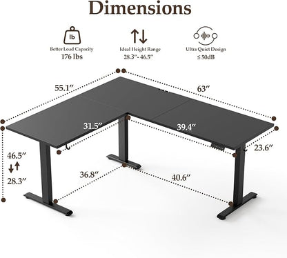 Klicelor L Shaped Standing Desk 63 x 55.1 Inch Dual Motors, Electric Height Adjustable Corner Desk for Home Office Workstation, Ergonomic Sit Stand Computer Table with Memory Controller, Black
