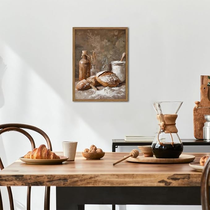 Framed Vintage Kitchen Wall Art, Rustic Bread and Flour Pictures Wall Decor Paintings, Farmhouse Food Poster Canvas Prints Country Home Decor for Dining Room Living Room Bakery 16x24 inch