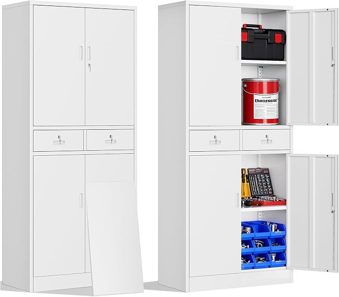 Metal Storage Cabinet with 2 Drawers 71" H,White Metal Garage Cabinets with 2 Lockable Doors and Adjustable Shelves, Locking Cabinet for Home Office,Pantry,Garage,Warehouse