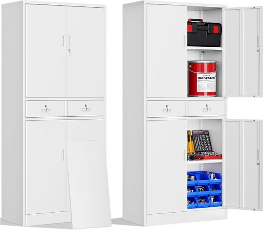 Metal Storage Cabinet with 2 Drawers 71" H,White Metal Garage Cabinets with 2 Lockable Doors and Adjustable Shelves, Locking Cabinet for Home Office,Pantry,Garage,Warehouse