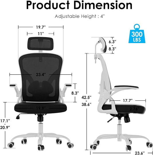Farini Ergonomic Office Chair, Home Office Desk Chair with Headrest, High Back Swivel Computer Chair with Armrests and Adjustable Lumbar Support for Home Office Study Room, White & Black