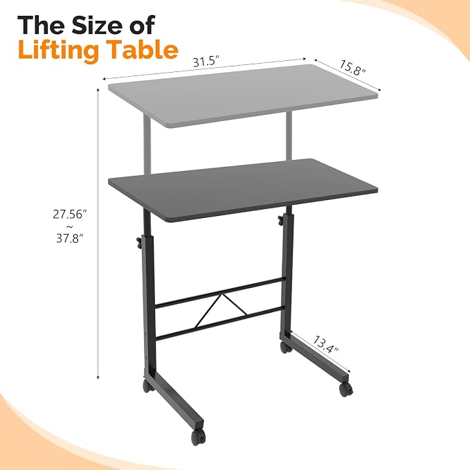 VINGLI Computer Workstation, Standing Desk Adjustable Height, Small Computer Desk w/Rolling, Sit Stand Laptop Desk TV Tray Computer Workstation for Bed Sofa Hospital Reading Eating, 31.5", Black