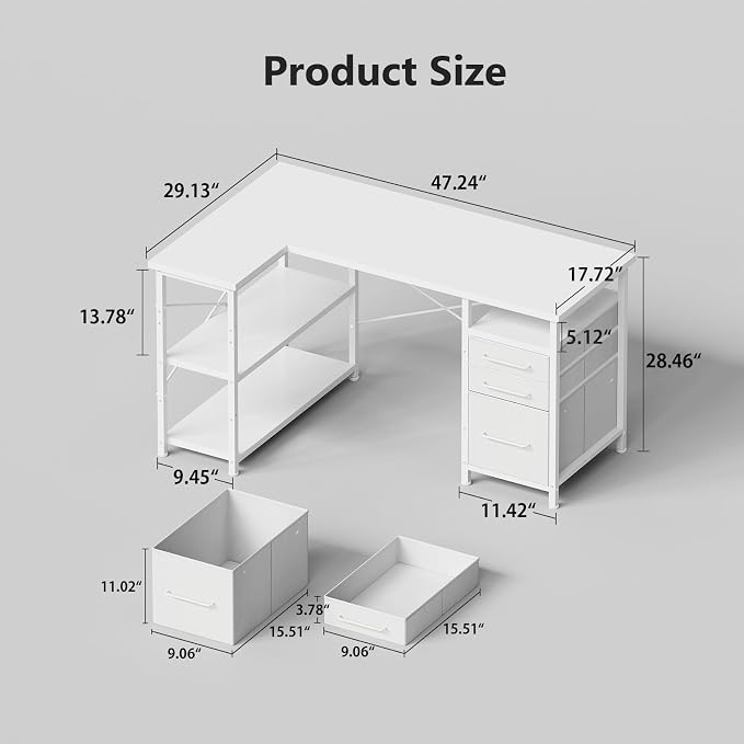 Maihail 47" Computer Desk with Drawers, Desks for Bedrooms, Writing Desk with Storage, Work Desk for Small Space, White