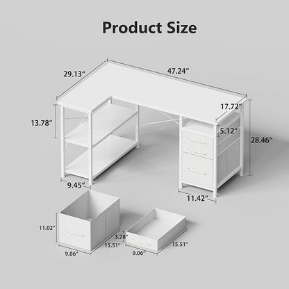 Maihail 47" Computer Desk with Drawers, Desks for Bedrooms, Writing Desk with Storage, Work Desk for Small Space, White