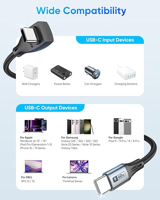 USB C Cable Right Angle - [1Pack 1.6FT] 60W Fast Charging USB C Cable Braided USB Type C Data Cable, 90 Degree C Port Charger Cord for iPhone 17/16/15 Pro Max, Tesla Model Y, MacBook, iPad, Samsung