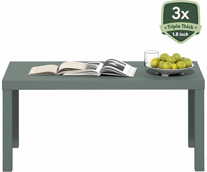 Furinno Classic Coffee Table, Modern Rectangle Coffee Table with 1.8" Triple Thick Tabletop, Side Table, Toolless Assembly, for Living Room, Home Office, Sage Green