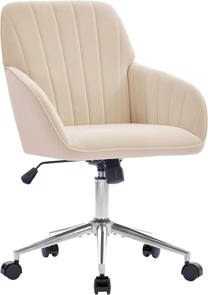 Velvet Home Office Desk Chair, Modern Cute Computer Task Chair with Back, Height Adjustable Upholstered Vanity Chair with Swivel Wheels for Women, Girls (Silver Base, Oatmeal