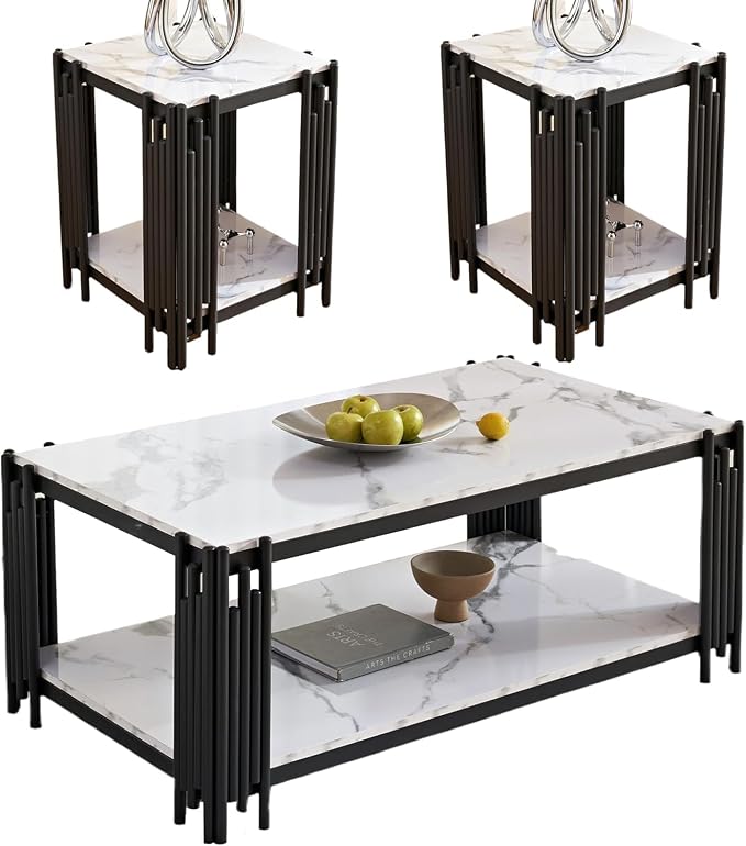 White Marble Coffee Table Set of 3, Faux Marble Coffee Table and 2 End Tables with Chrome Metal I-Base, Luxury Marble 3 Piece Living Room Table Set for Home Office Bedroom