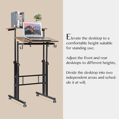 SIDUCAL Mobile Standing Desk, Portable Stand Up Desk, Small Adjustable Converter with Wheels Home Office Workstation, Rolling Laptop Cart for Sitting, Rustic Brown
