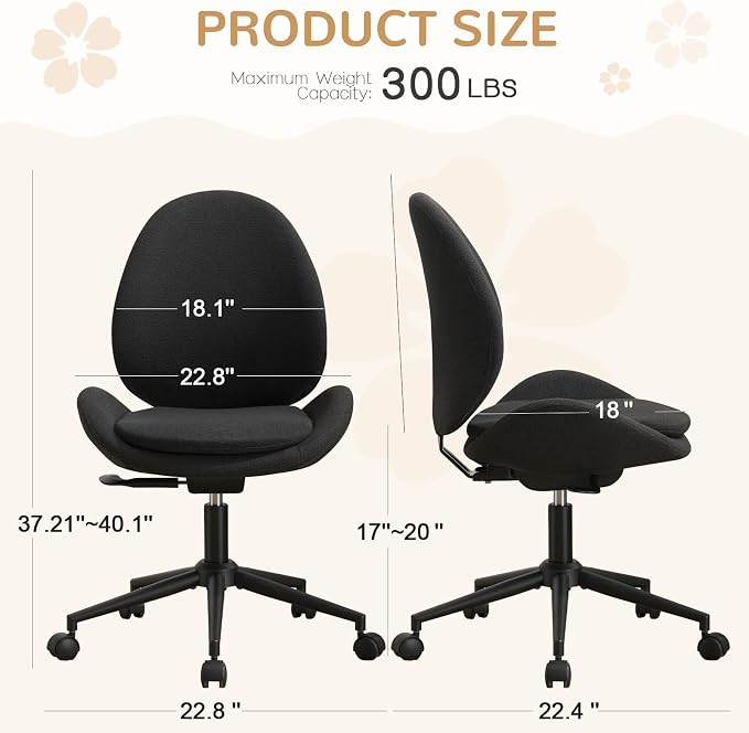 Furniliving Velvet Vanity Chair with Wheels, Adjustable Height Swivel Desk Chair& Lumbar Support, Armless Upholstered Makeup Chair for Bedroom Home Office Study Room (Black)