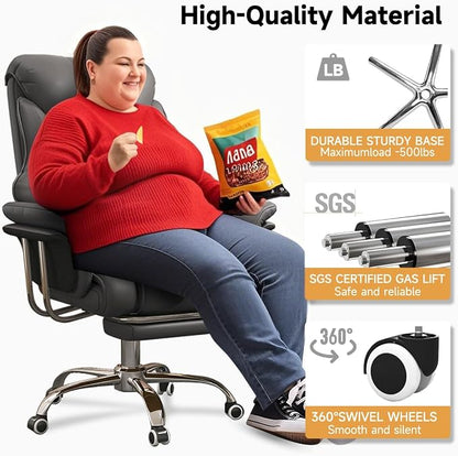 Big and Tall Office Chair 550 lbs Extra Wide Leather Executive Chair with Retractable Footrest, Heavy-Duty Ergonomic Chair, Adjustable Height Computer Gaming Chairs