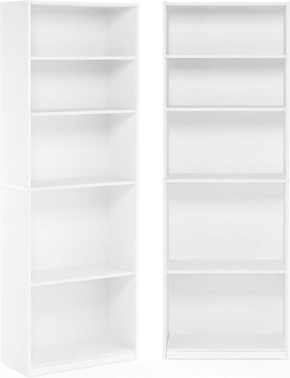 Furinno Jaya Book Shelf Set of 2, 5-Tier Bookshelf, Bookcase, with Adjustable Shelf, 9.5 x 24.5 x 71, for Home Office, Living Room, White