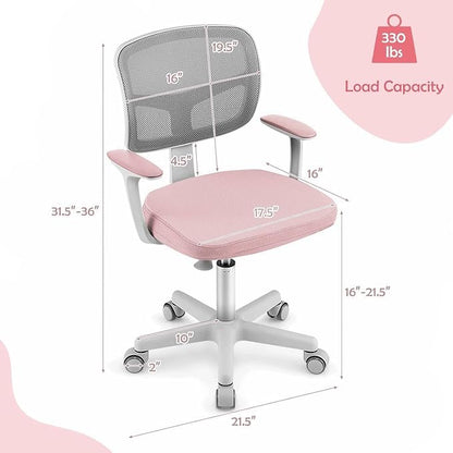 Kids Desk Chair, Height Adjustable Children Study Chair w/Lumbar Support, Swivel Mesh Seat, Universal Casters, Ergonomic Kids Task Chair for Boys Girls Aged 3-10, Home, School, Office (Pink)