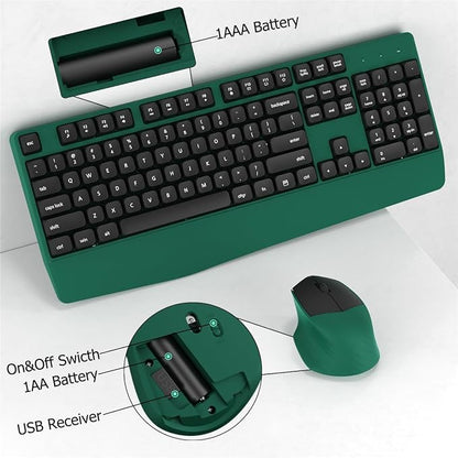 Wireless Keyboard and Mouse Combo, Ergonomic Keyboard with Wrist Rest, 2.4Ghz Wireless Connection, Compatible with PC/Laptop/Windows/Mac for Home and Office Use (Black Green)