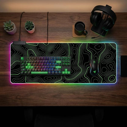 RGB Mouse Pad LED Desk Mat Large Gaming Mousepad Black and Green Line Design, Keyboard Pad XL Mouse Mat for Home and Office