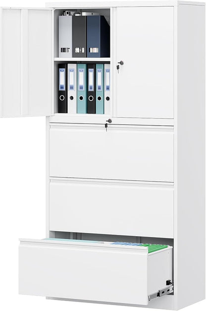 Letaya 3 Drawer Metal Storage Cabinets for Home Office,File Cabinet with Lock and 2 Adjust Shelves-Hang Filing Legal/Letter/A4/F4 Size（White）