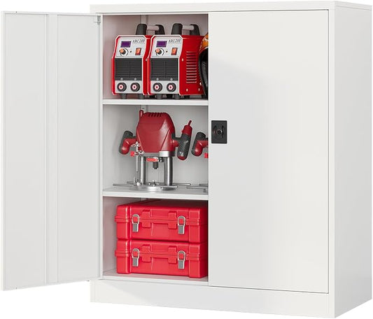 Metal Garage Storage Cabinets with Lock, 36" Tall Tool Cabinet with 2 Door and 2 Adjustable Shelves, Locking Garage Cabinets and Lockable Steel Locker for Home Office Warehouse - (White-36”H)