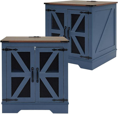 Farmhouse End Table Set with Charging Station Set of 2, Living Room Tables with Hidden Storage, Wood Square Sofa Bedside Tables, Night Stand with Power Outlet and Door, Blue