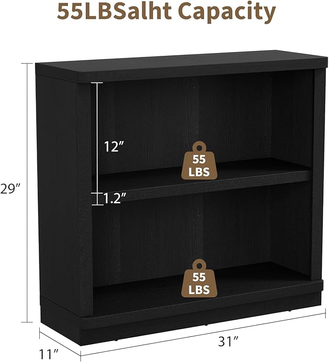 Rresyet 2 -Tier Bookcase, 31" Tall Book Shelf, 29” Wide Bookshelves, Wooden Bookcase Display Storage for Home Office, Living Room and Study Room (Black)