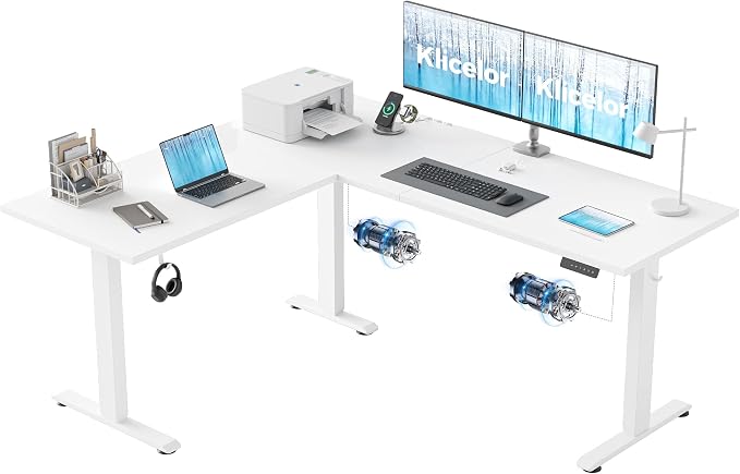 Klicelor L Shaped Standing Desk 63 x 55.1 Inch Dual Motors, Electric Height Adjustable Corner Desk for Home Office Workstation, Ergonomic Sit Stand Computer Table with Memory Controller, White