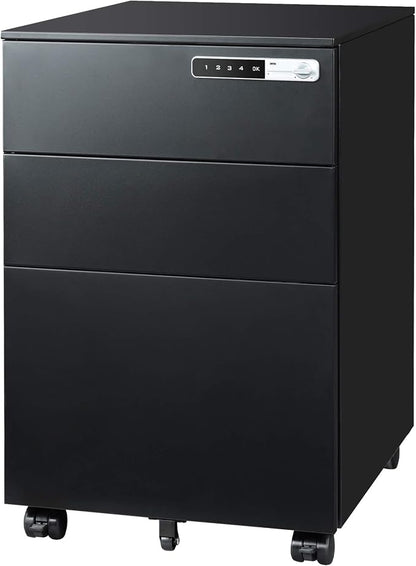 DEVAISE 3 Drawer File Cabinet with Combination Lock, Fully Assembled Metal Filling Cabinet Except Wheels, Mobile Under Desk File Cabinets for Home Office, Black