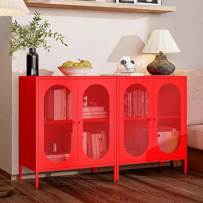 Small 2 Mesh Door Metal Storage Cabinet for Pantry,Office Room,Kitchen,Bathroom,Living Room, Hallway-Locker Cabinet with 1 Adjustable Shelf(mesh Door,red)