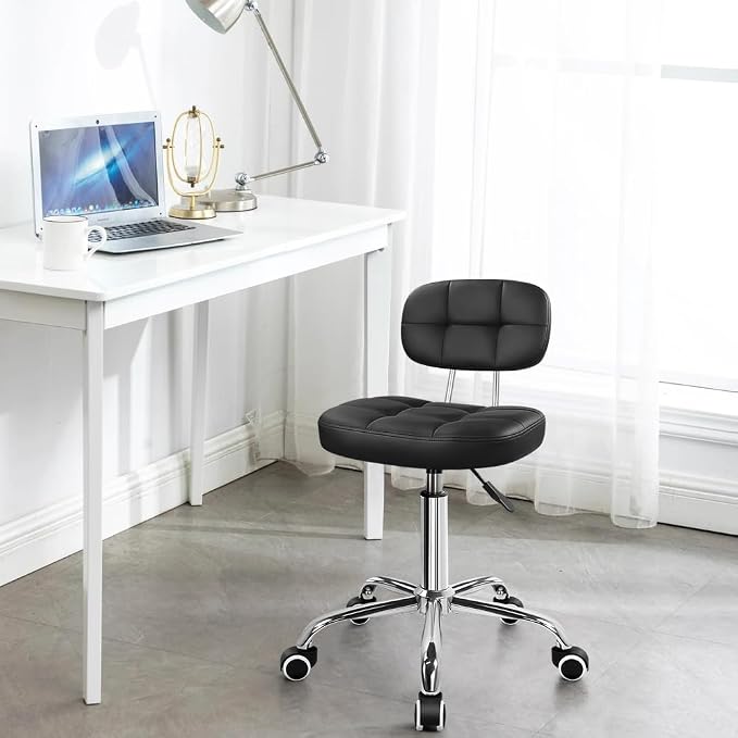 KKTONER Black Home Office Chair Leather Rolling Stool with Swivel Wheels with Backrest Height Adjustable for Home Office Computer Desk SPA