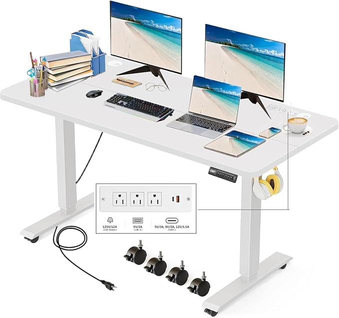 Electric Standing Desk with Power Outlets and USB-C Port, 48 x 24 Inches Adjustable Height Sit Stand Up Desk for Home Office, Adjustable Desk with Memory Preset and Wheels, White